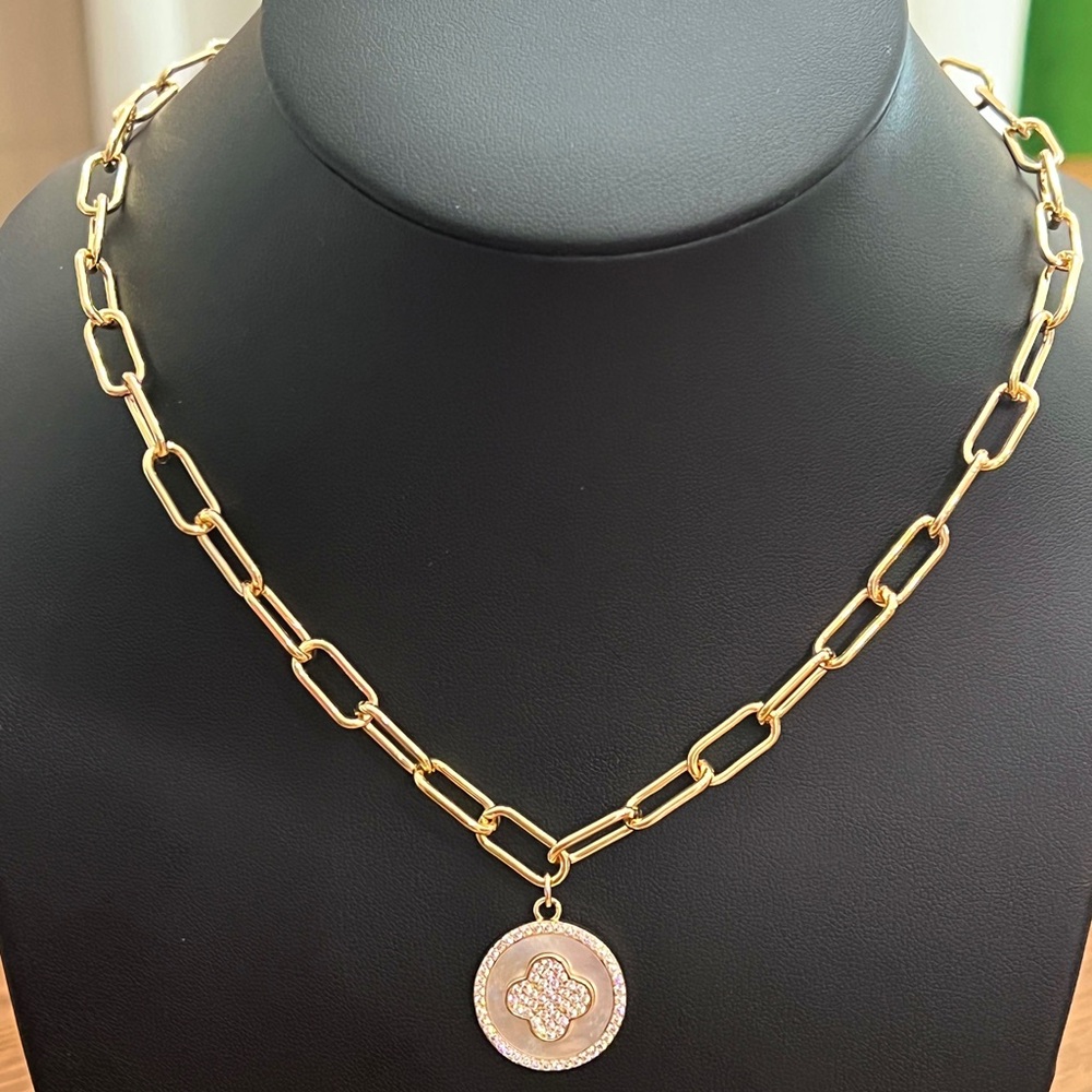 Gold Mother-of-Pearl Flower and Pave Pendant Paperclip Necklace - Picture 2 of 3